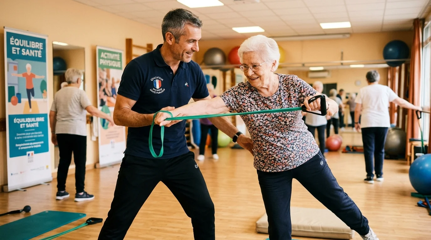 Éducateur accompagnant un exercice d'équilibre doux